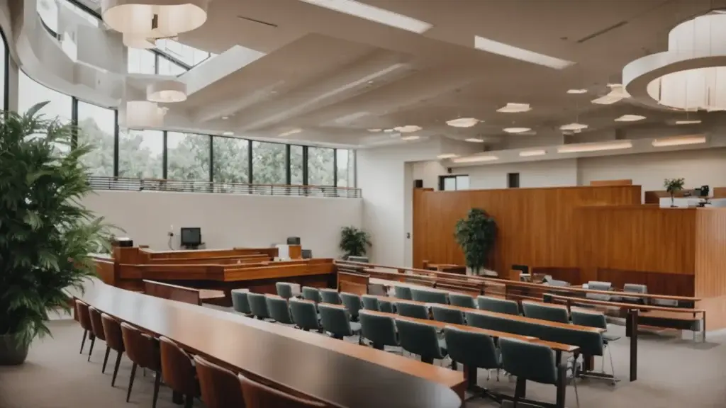 a serene courtroom setting in boulder county, bathed in soft natural light, showcasing a confident individual discussing affordable bail bond solutions with an attentive professional, highlighting hope and support in a moment of legal challenge.