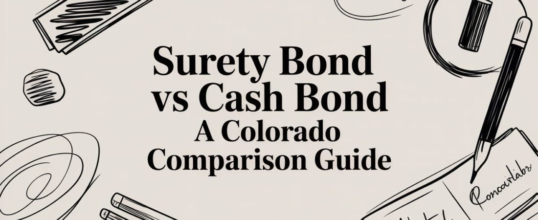 Surety bond vs cash bond comparison guide with illustrative graphics, emphasizing Colorado bail options.