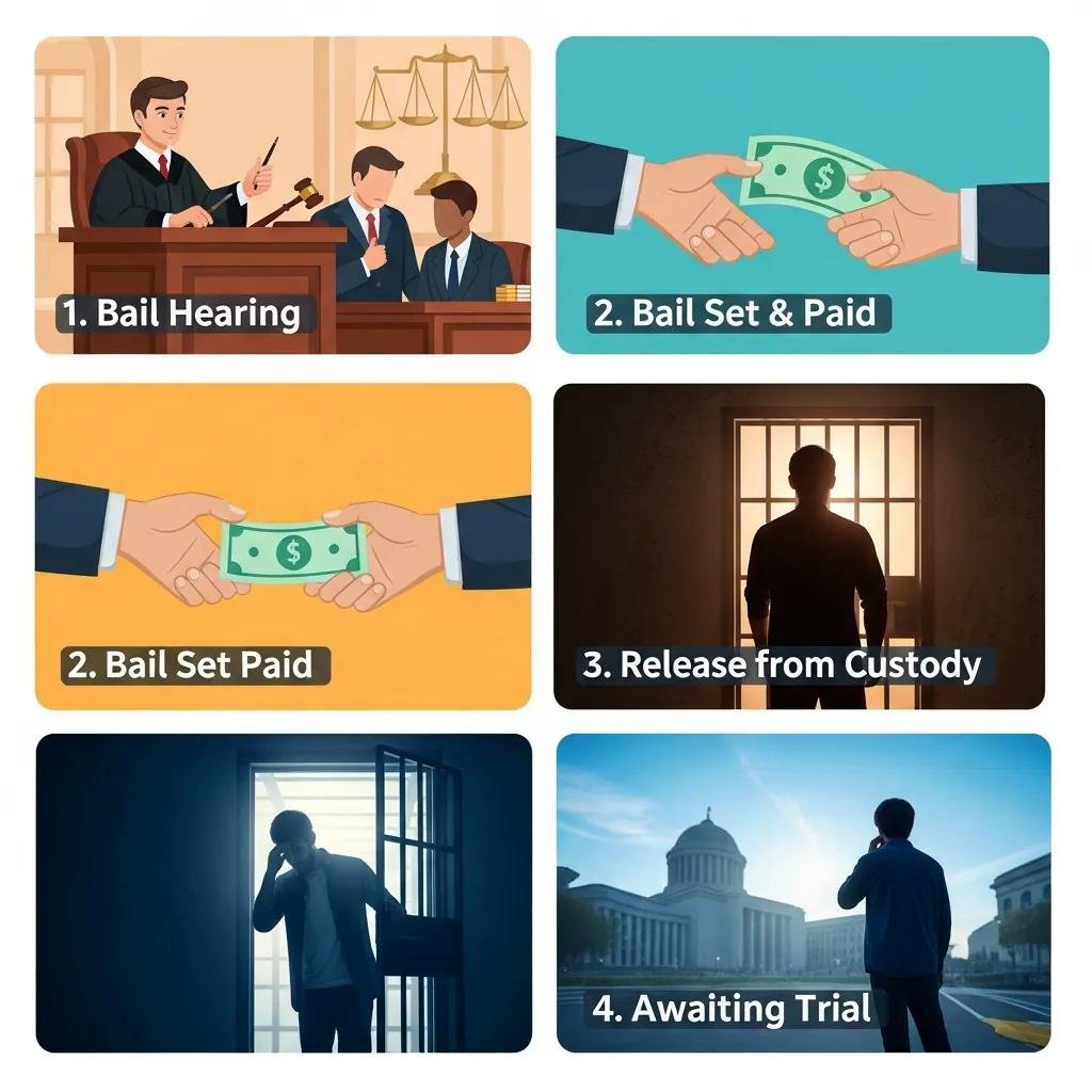 Visual representation of the bail process stages, including courtroom and release elements