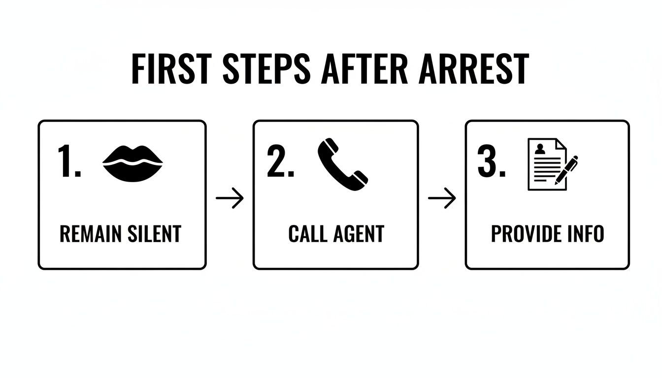 A three-step diagram titled 'FIRST STEPS AFTER ARREST': 1. Remain Silent (lips), 2. Call Agent (phone), 3. Provide Info (document with pen).