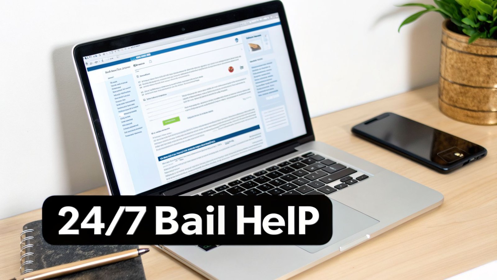 Desk setup with a laptop, smartphone, and a prominent black banner displaying '24/7 Bail Help'.