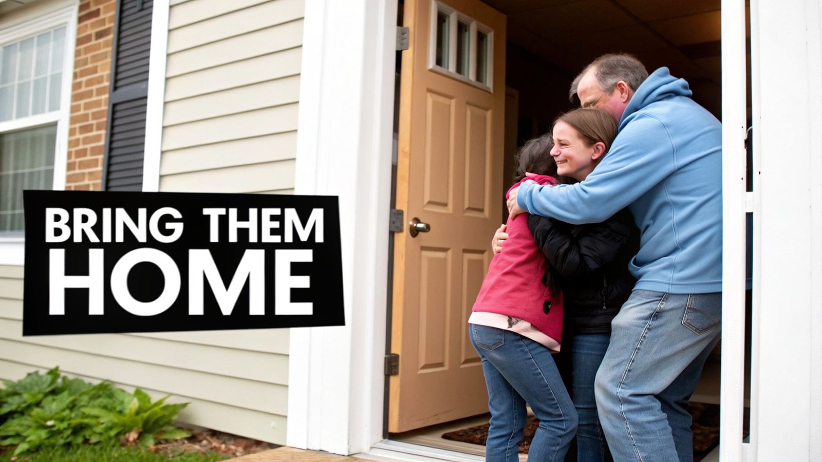A man hugs two women in a doorway of a house with a 'BRING THEM HOME' sign.