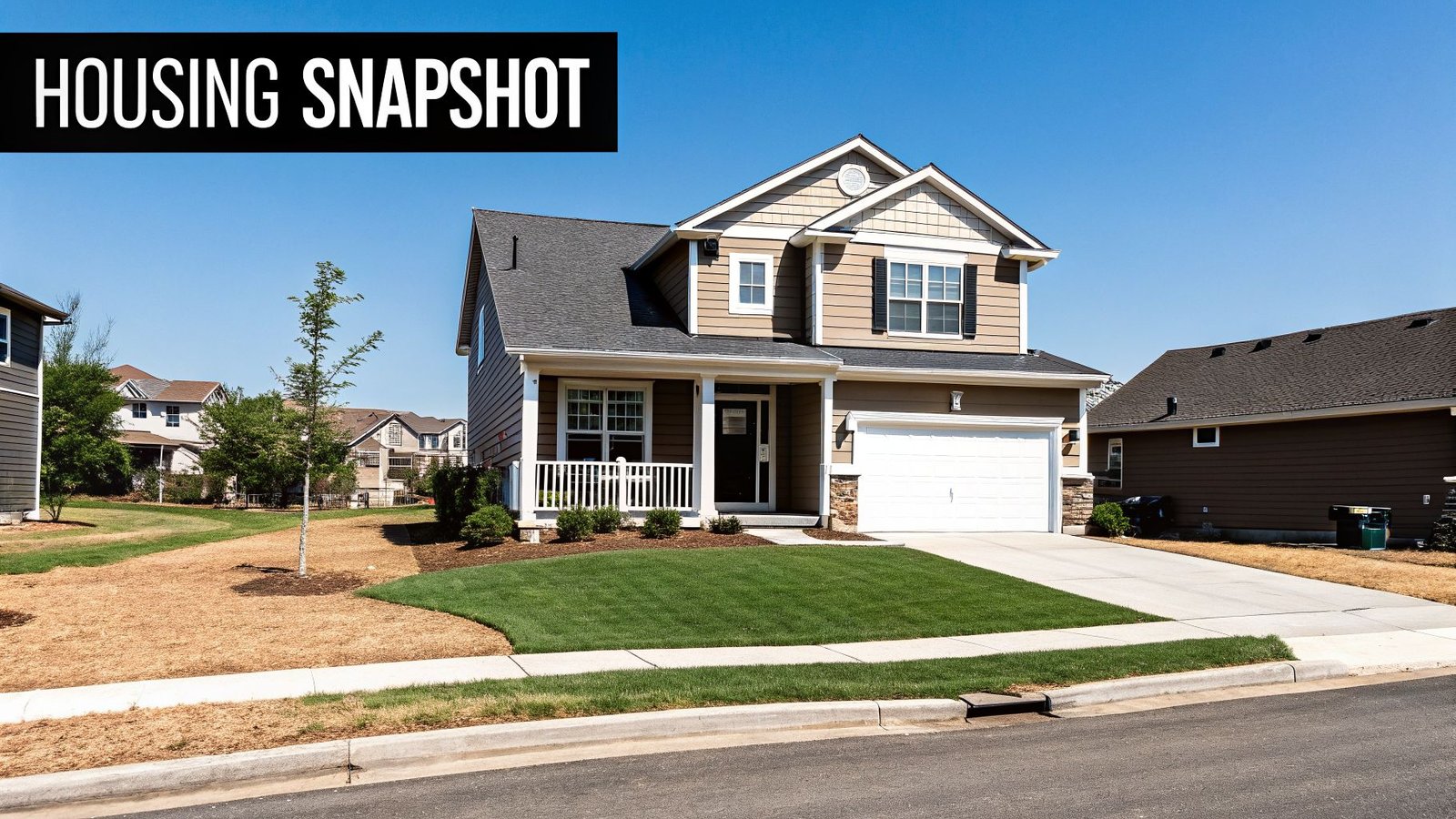 A newly built two-story house with a vibrant green lawn, driveway, and clear blue sky in a suburban development.