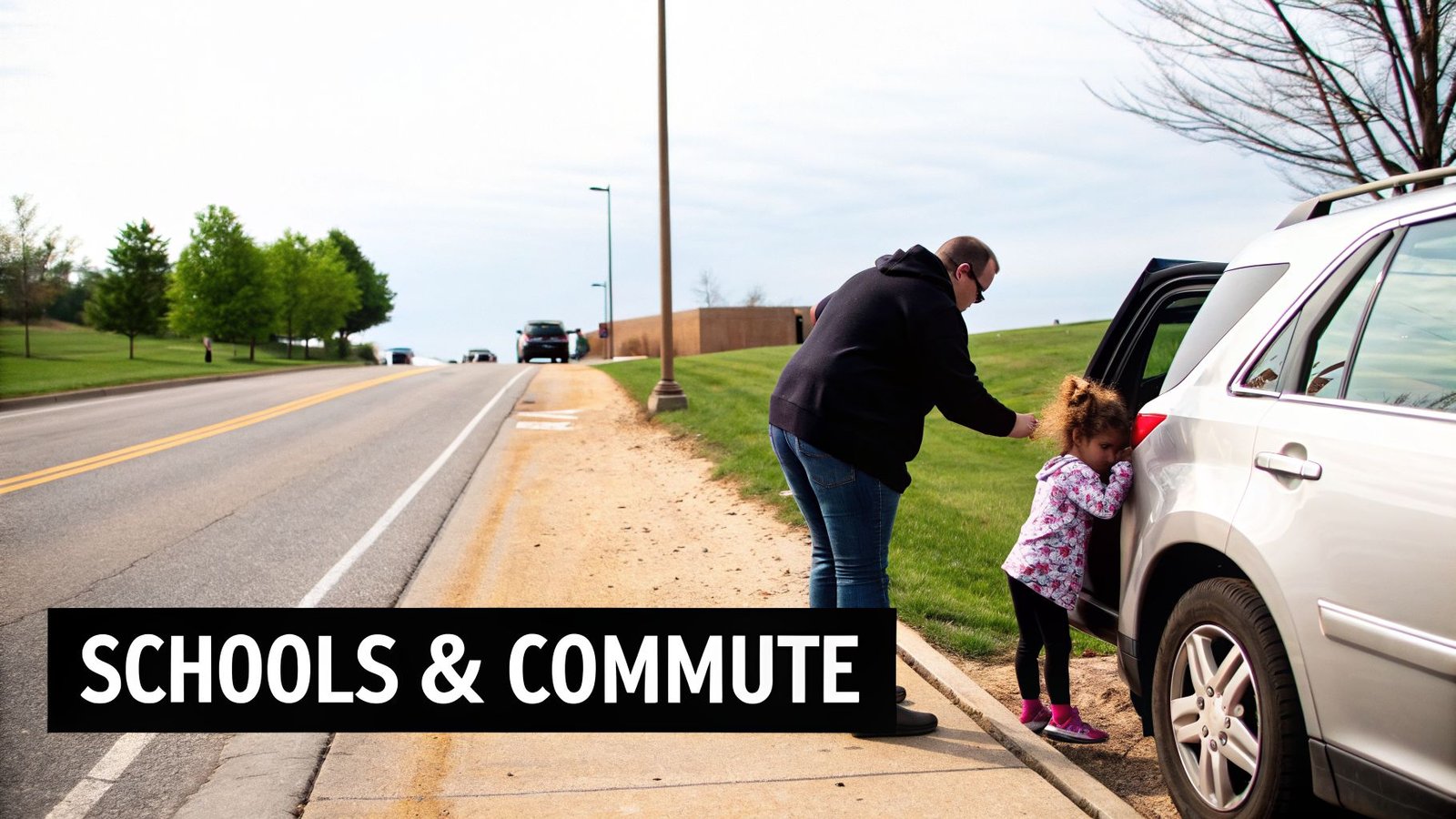 A man helps a young girl into a silver SUV on the side of a road, themed for school commute.