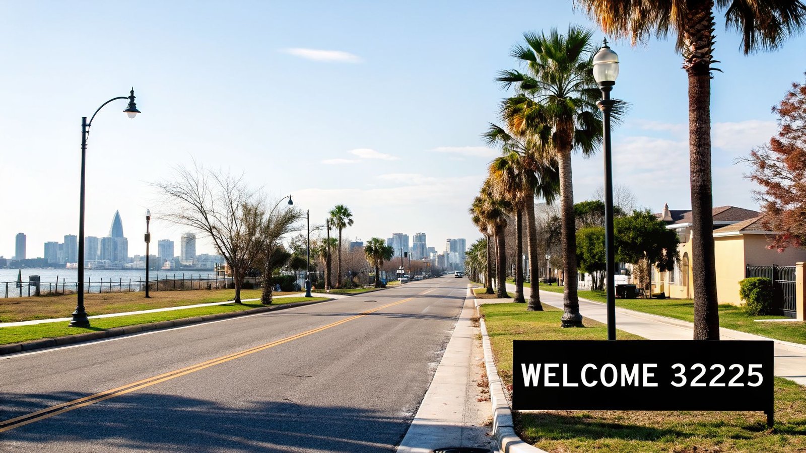 A scenic street lined with palm trees and streetlights, overlooking a city skyline and water, with a 'WELCOME 32225' sign.