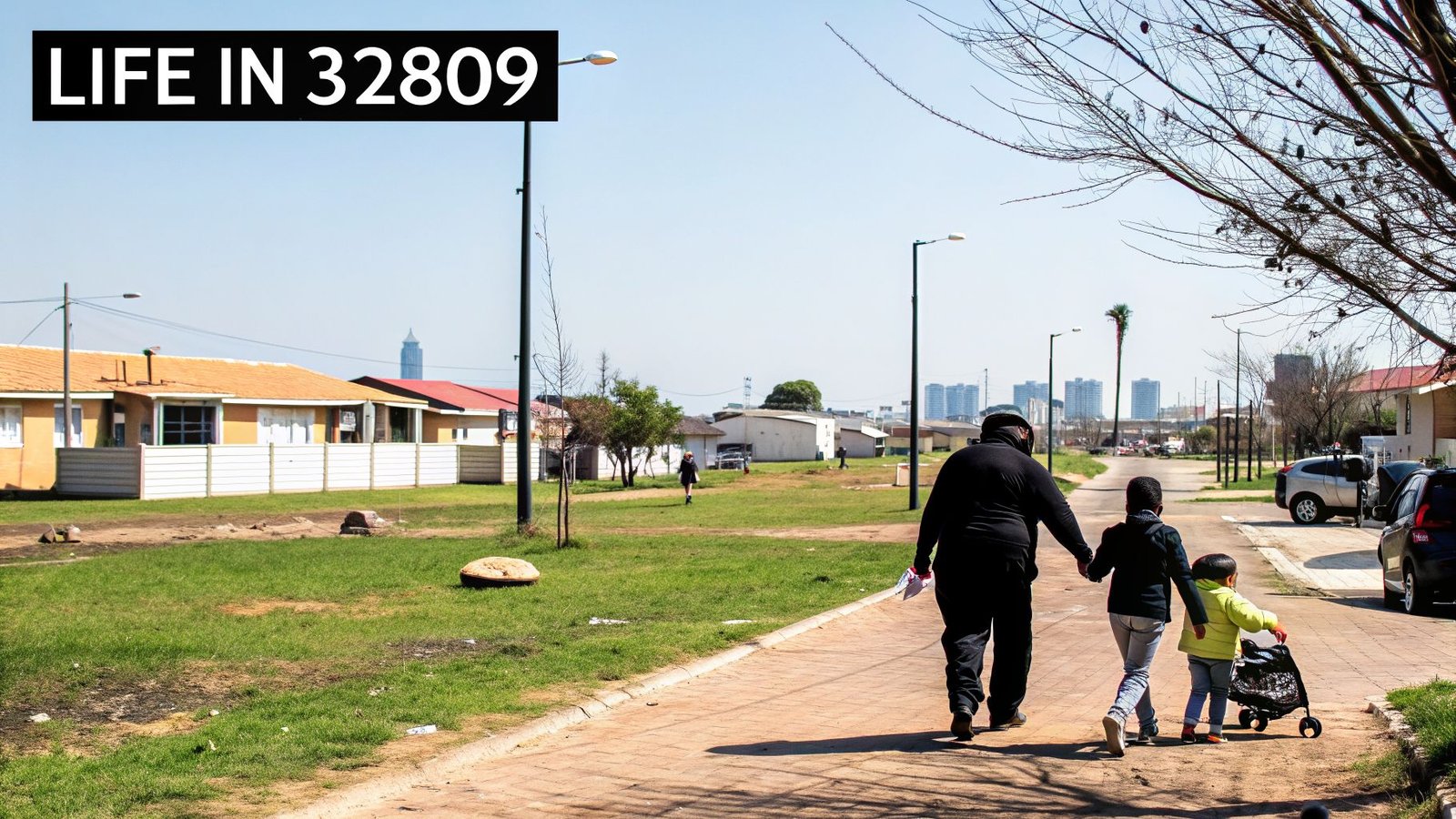 A family walks along a street in a residential area, with houses and a distant city.