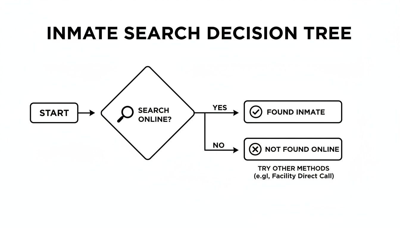 A flowchart illustrating the decision process for searching an inmate online, showing paths for found or not found outcomes.
