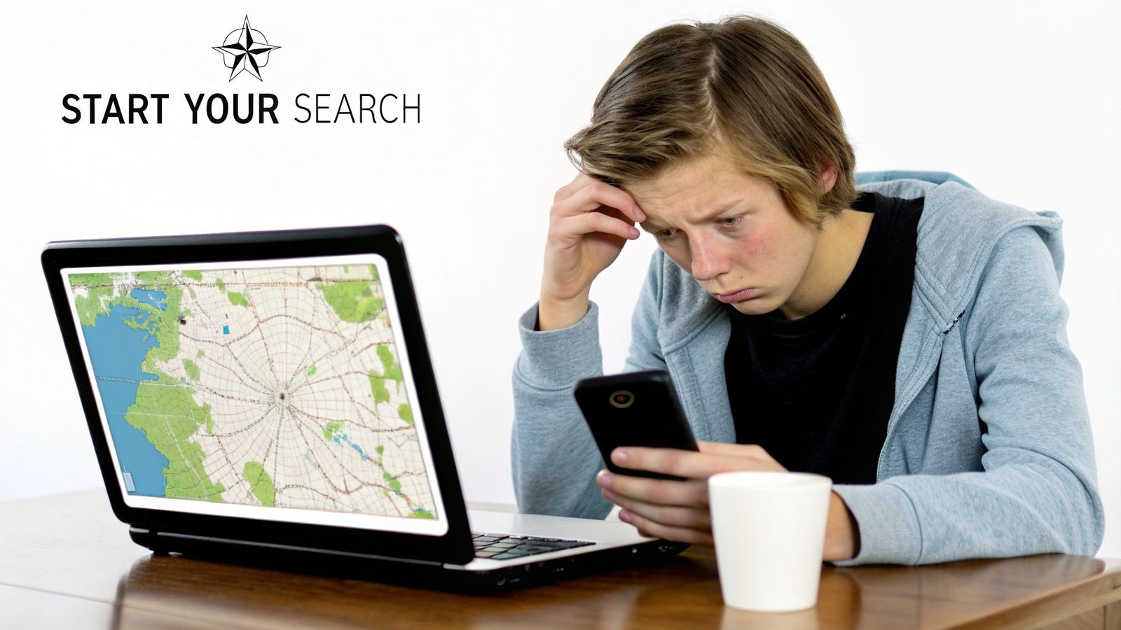 A young person looking frustrated, using a laptop with a map and a smartphone, with 'START YOUR SEARCH' text.