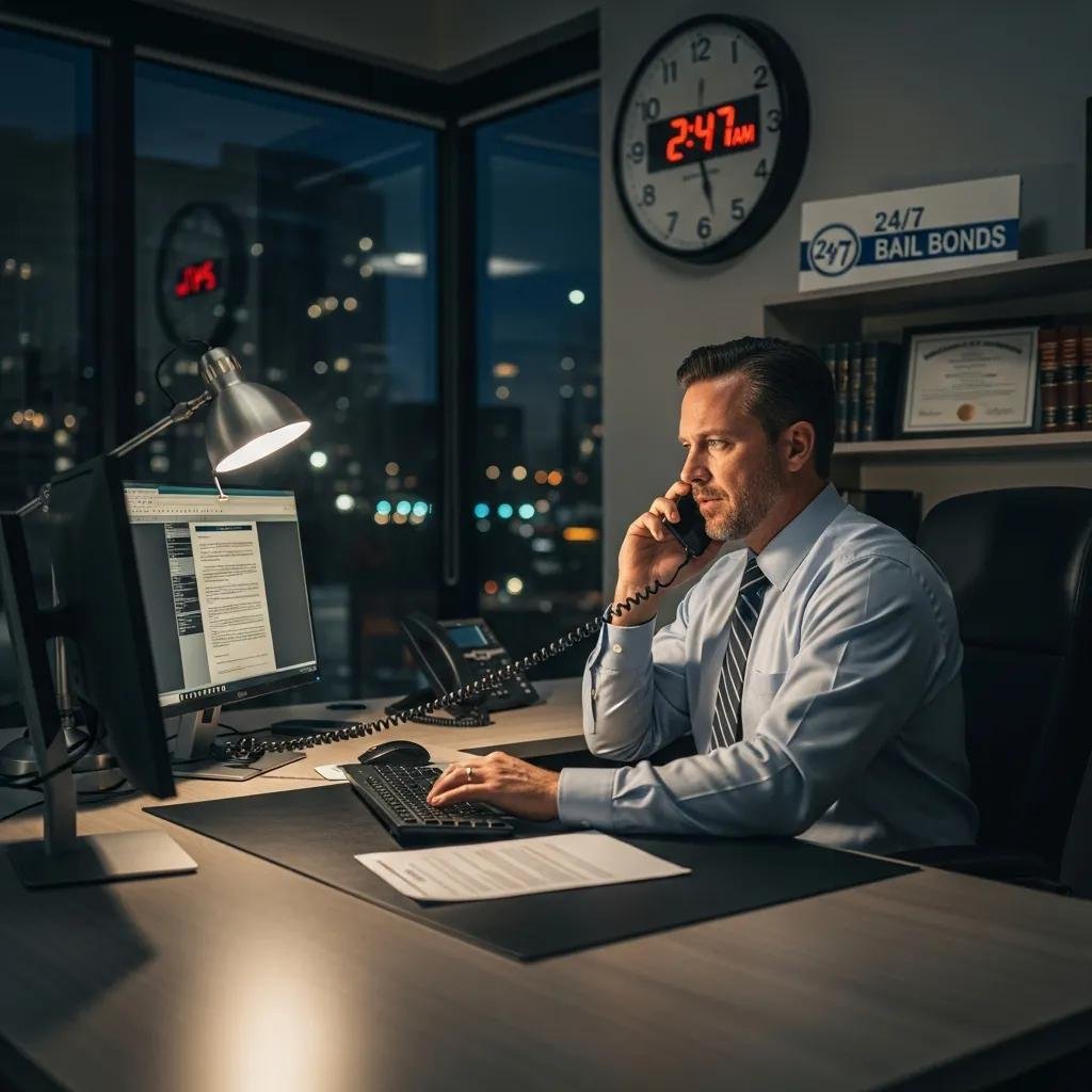 Bail bond agent providing emergency assistance over the phone in a professional setting