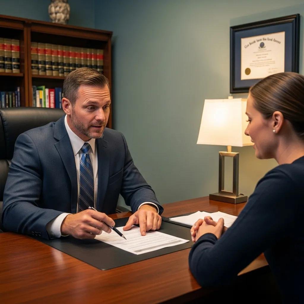 Bail bondsman assisting a client with paperwork in a professional office