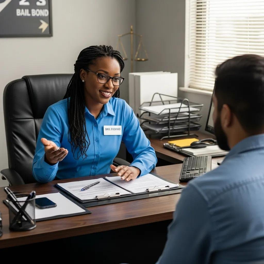 Bail bondsman explaining the bail bond process to a client in a professional office