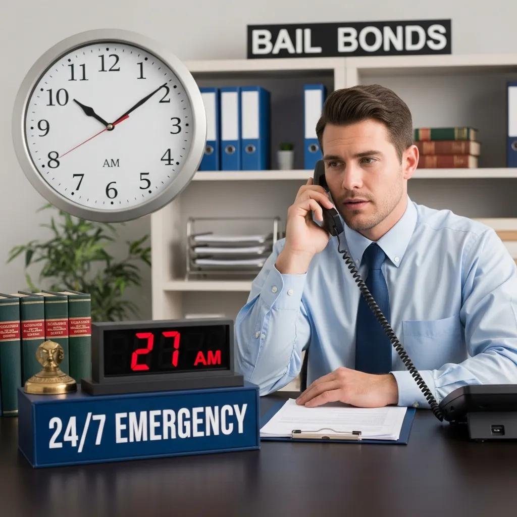 Bail bondsman on the phone providing 24/7 emergency bail services in a professional office