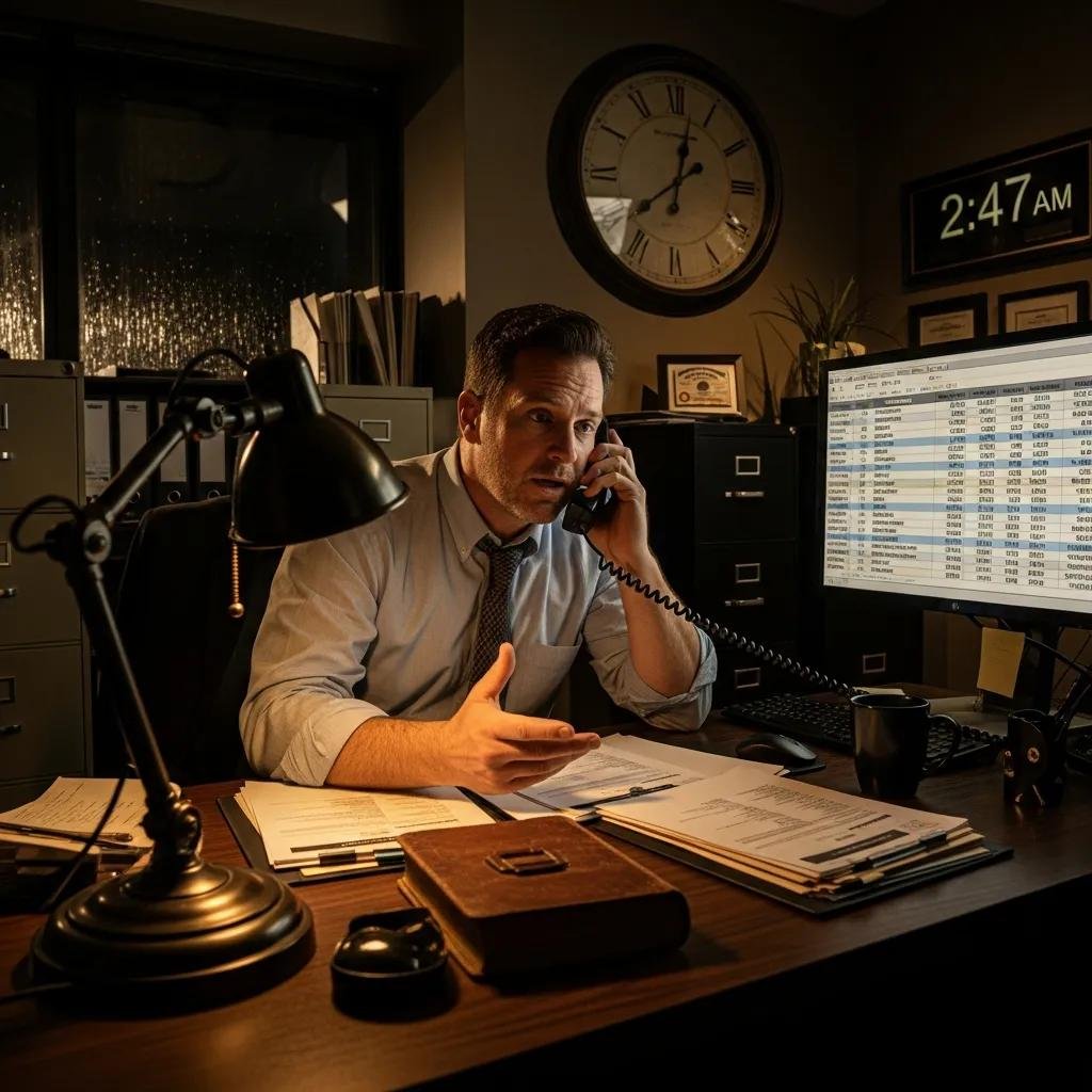 Bail bondsman providing emergency services at night in a professional office