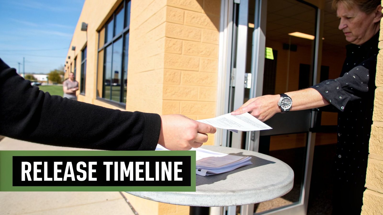 Two people exchanging documents outdoors near a building entrance under a sunny sky.