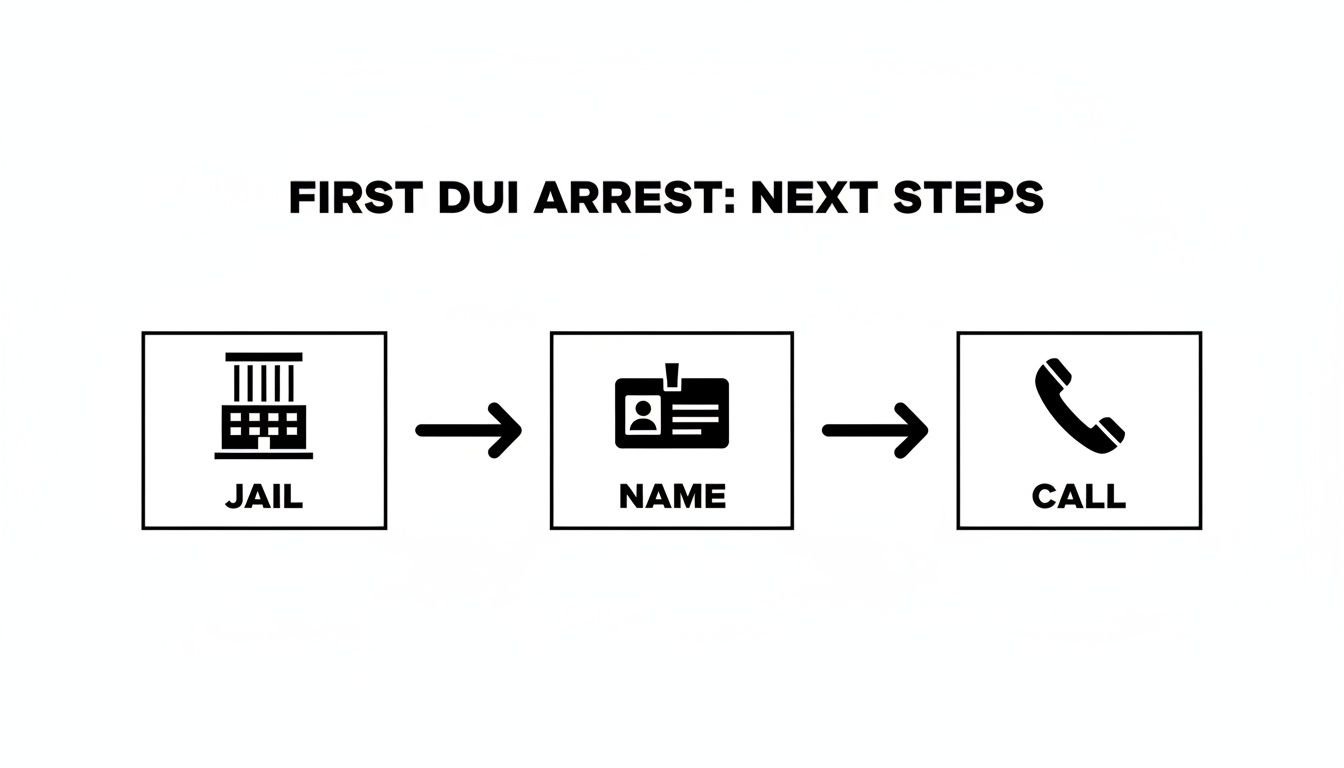 Flowchart detailing the next steps after a first DUI arrest: jail, identification, and making a call.