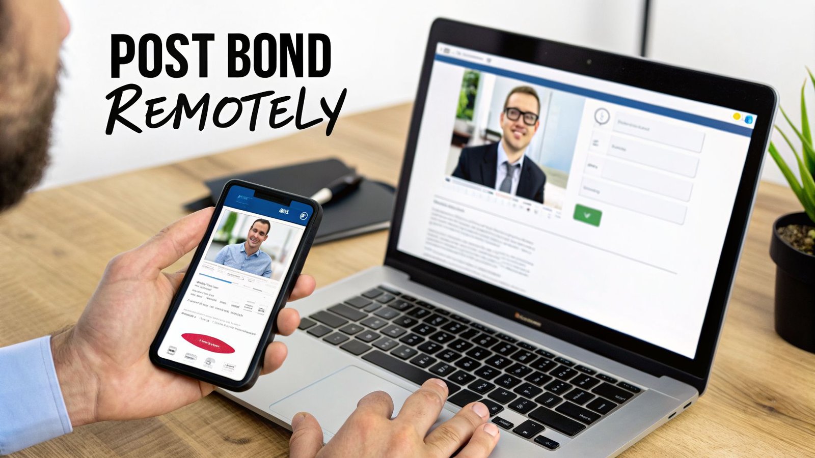 A person uses a laptop and smartphone to post a bond remotely, highlighting digital convenience.