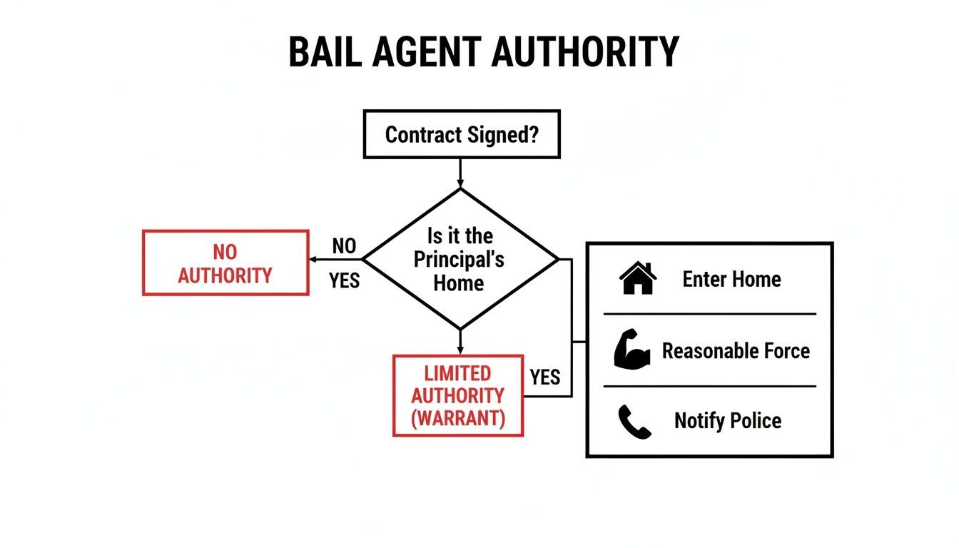 Flowchart illustrating bail agent authority based on contract signing and principal's home location.