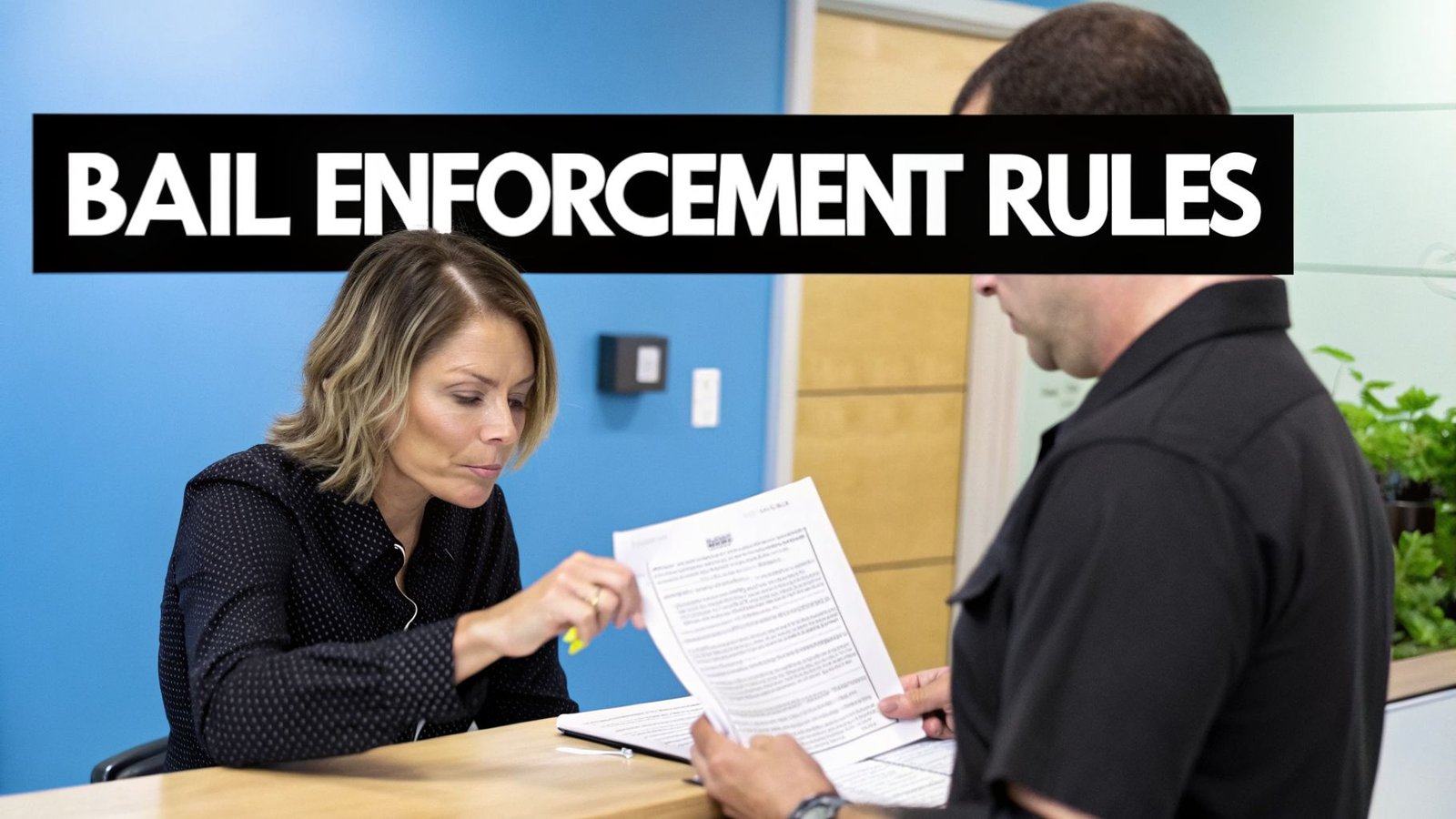 A woman and man discuss paperwork, with a clear banner stating 'Bail Enforcement Rules' overhead.