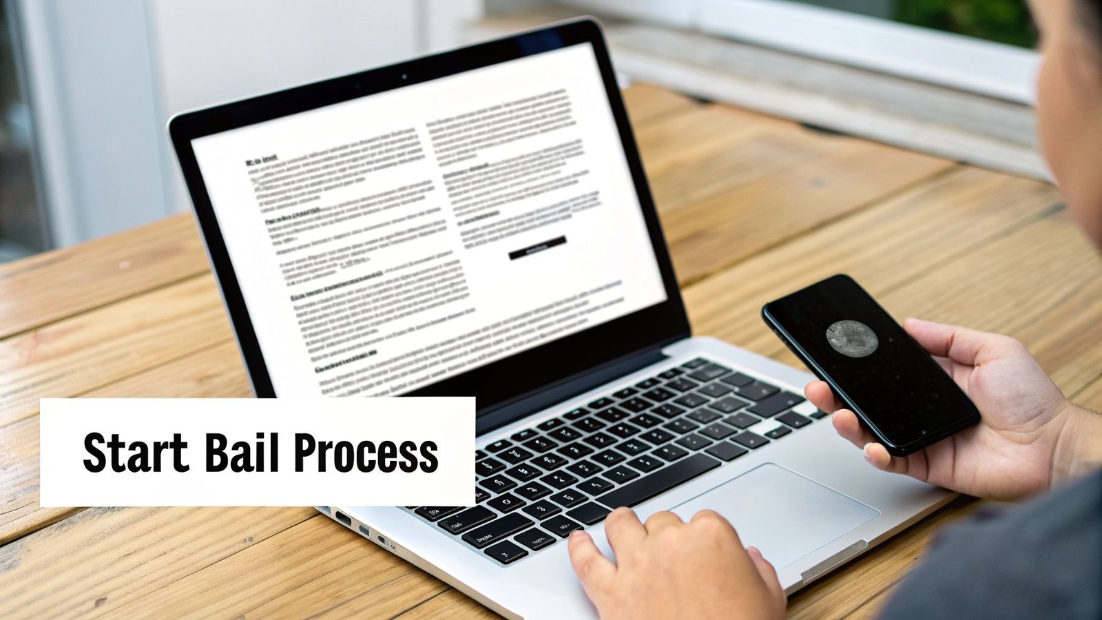 Person typing on a laptop and holding a smartphone, with 'Start Bail Process' text overlay.