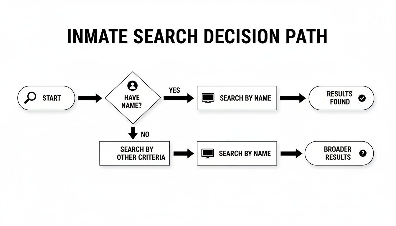 Flowchart detailing the inmate search decision path, from start to finding results.
