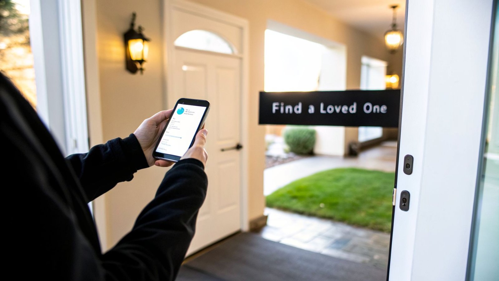 A person holds a smartphone displaying a tracking app, with a 'Find a Loved One' sign in the background.