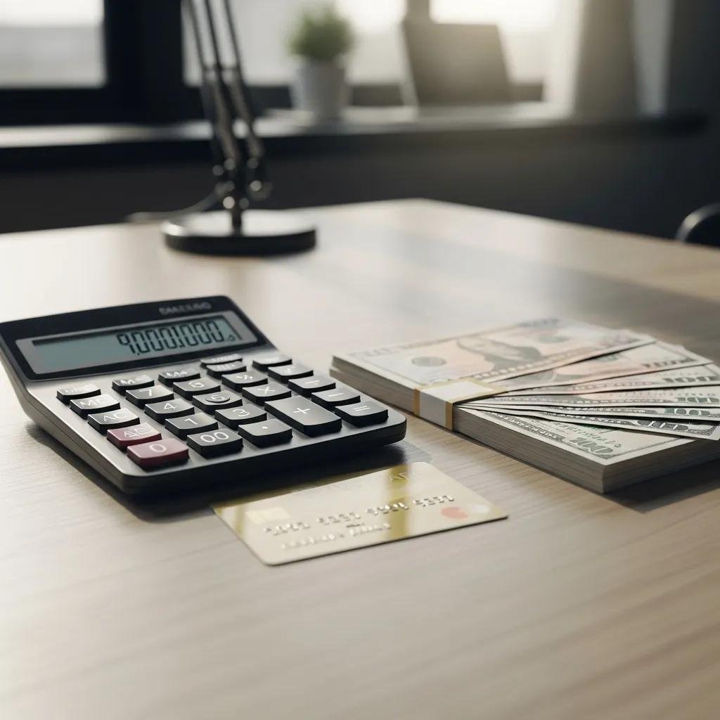 Calculator, cash, and credit card representing costs of DUI bail bonds