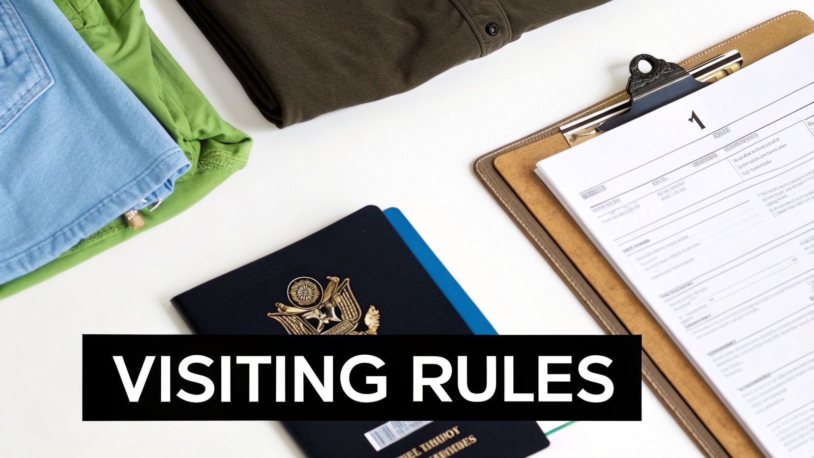 Overhead view of folded clothes, a U.S. passport, and official forms on a clipboard, with 'VISITING RULES' text.