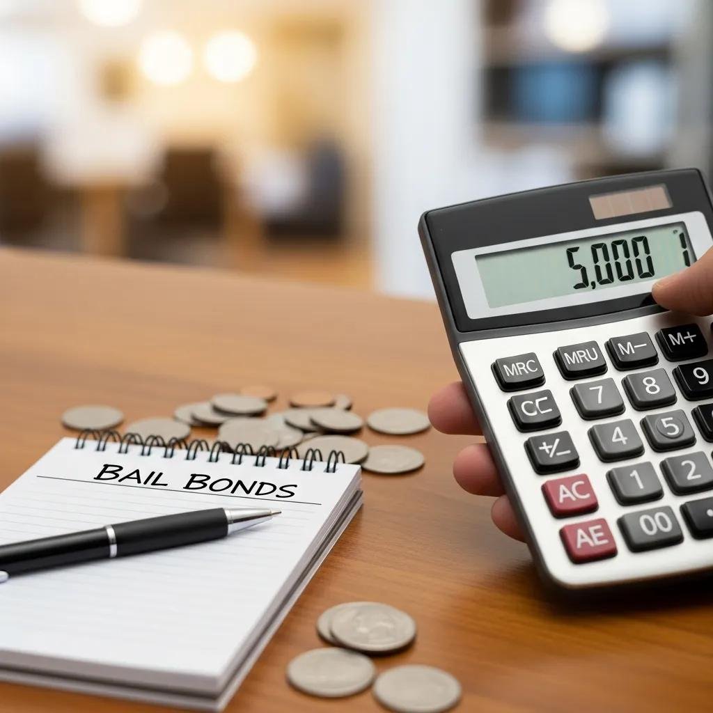 Close-up of a hand with a calculator and notepad, representing financial planning for bail bonds
