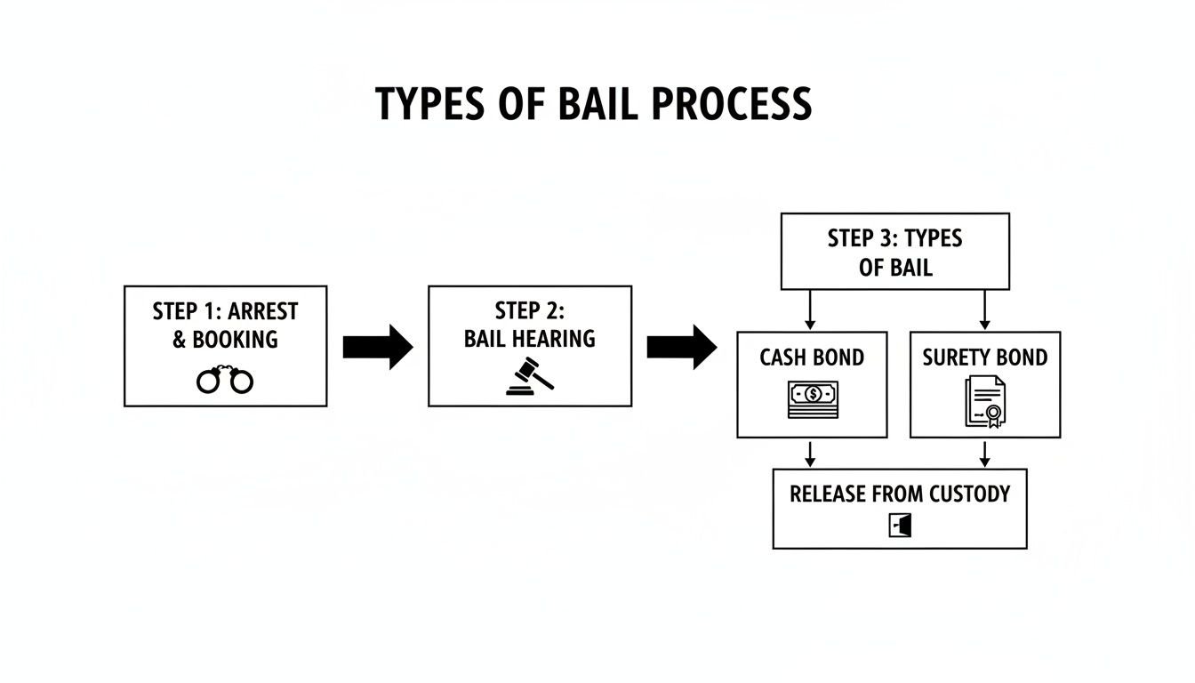 Flowchart illustrating the types of bail process, from arrest to release from custody.