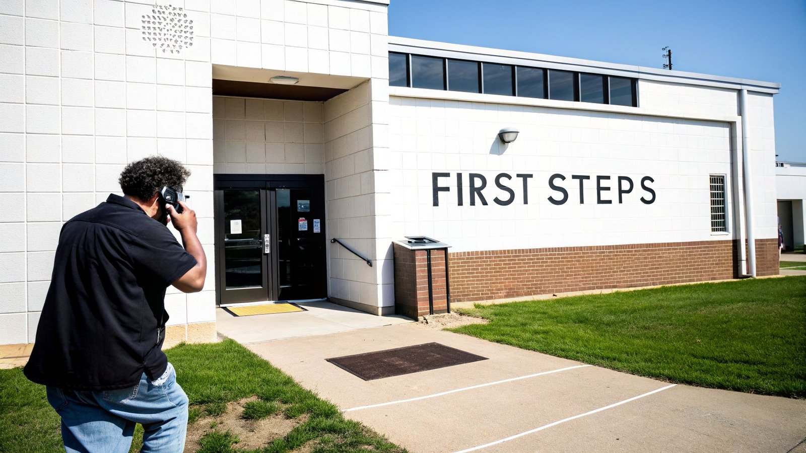 Rear view of a person photographing the "FIRST STEPS" building entrance with a phone camera.