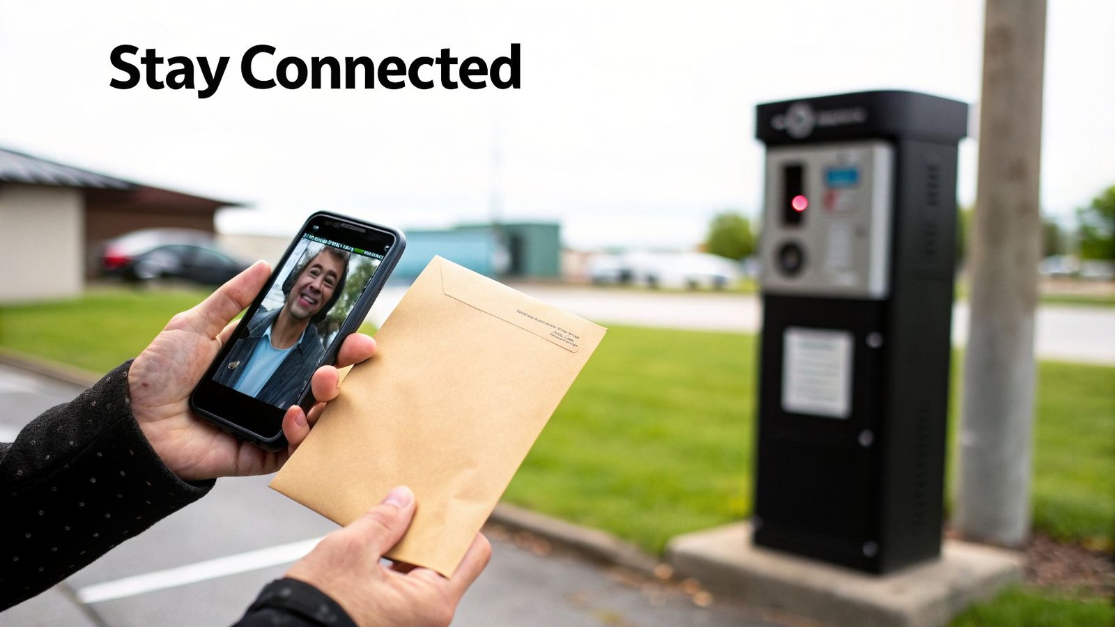 A person's hands holding a smartphone displaying a video call, next to a brown envelope outdoors.