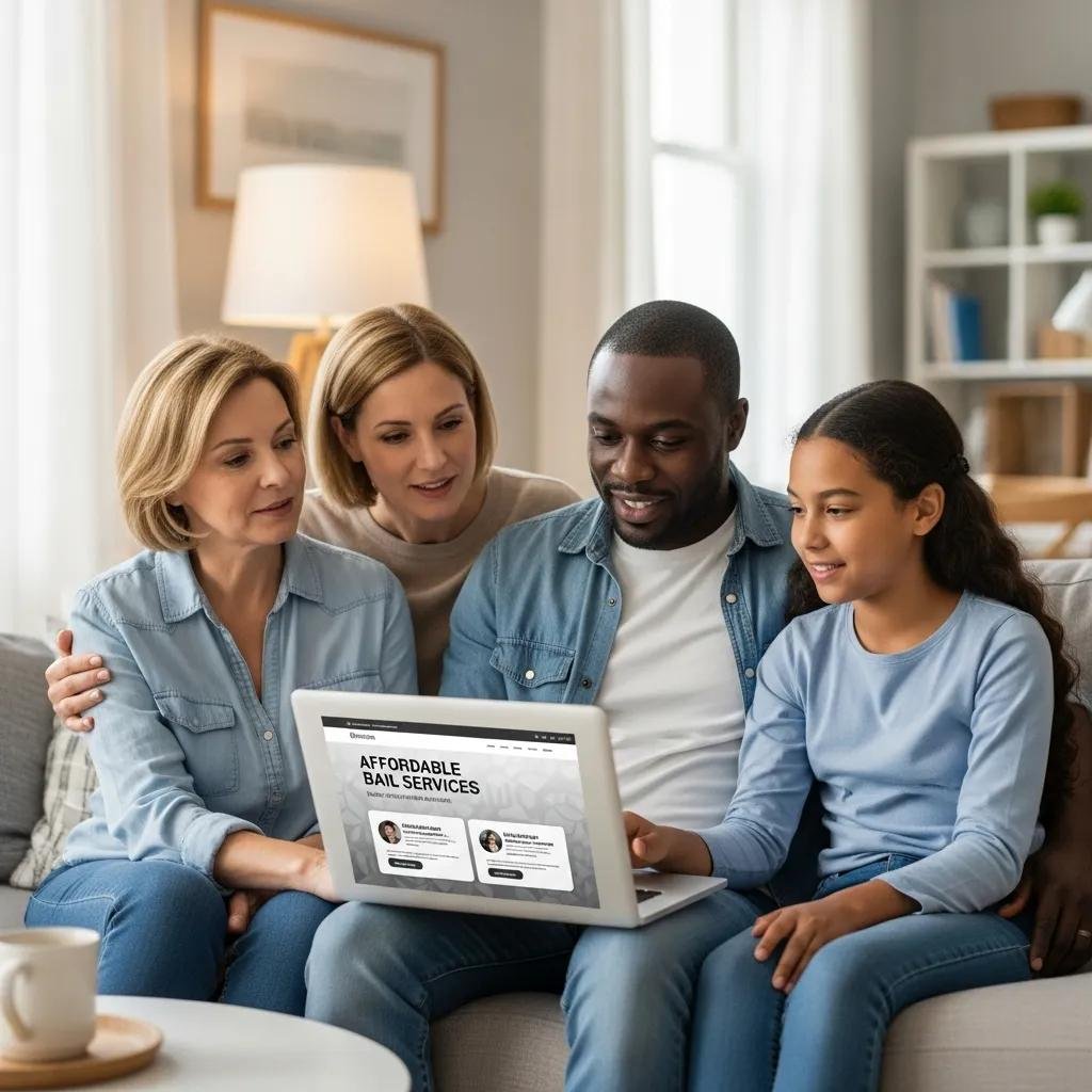 Family discussing affordable bail services while looking at a laptop in a cozy living room