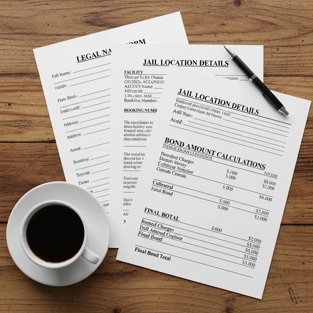 Flat lay of essential bail bond documents including legal name form and bond amount calculations, emphasizing organization