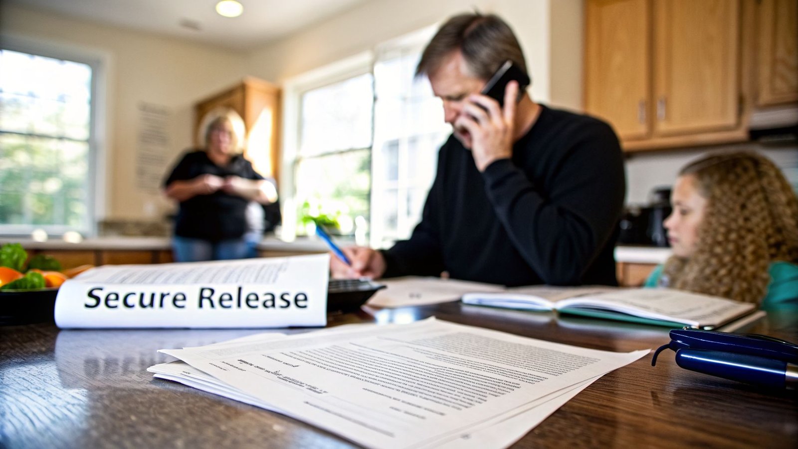 A man on a phone call writes on documents at a table with family members nearby.