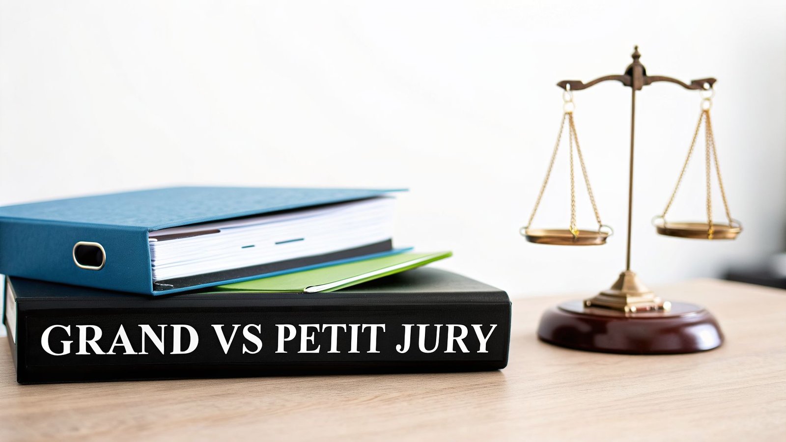 A black book titled 'GRAND VS PETIT JURY' stacked with binders next to a scale of justice.