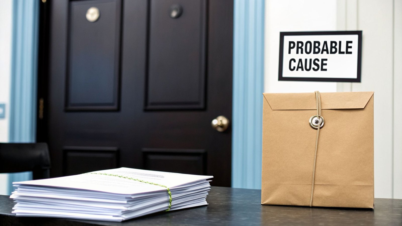 A stack of papers and a sealed envelope with a 'Probable Cause' sign above.
