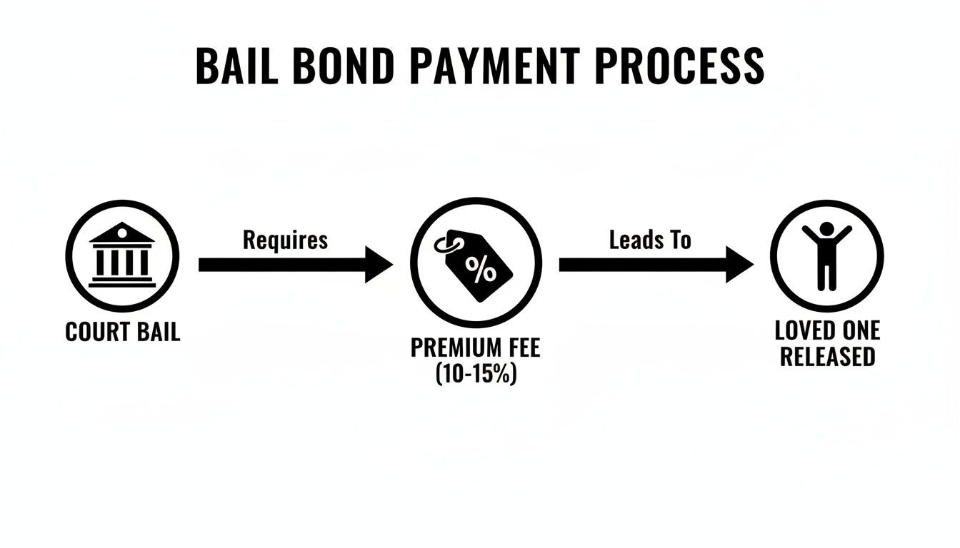 Diagram showing the three steps of the bail bond payment process: court bail, premium fee, and loved one released.