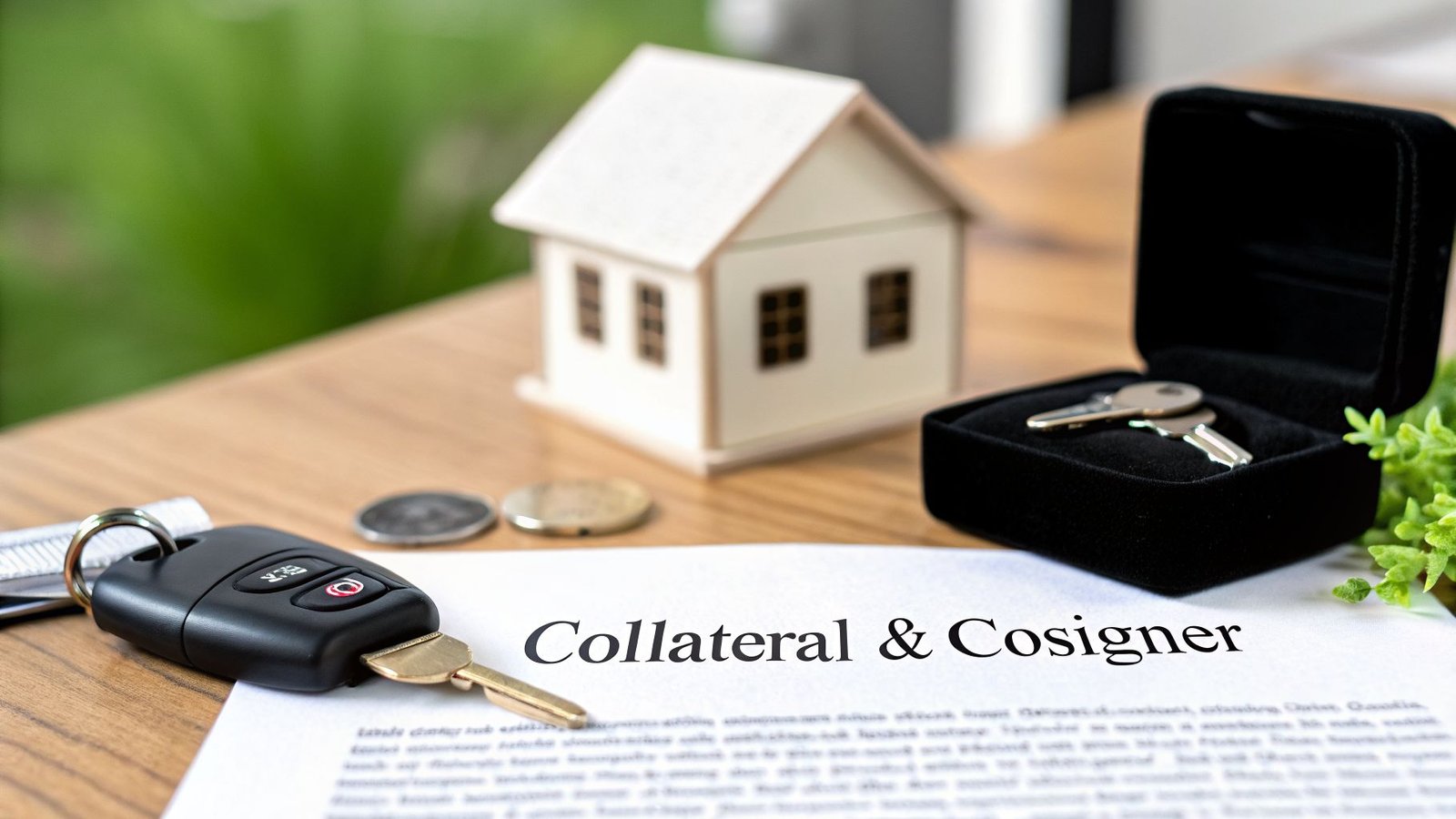 A desk showing a house model, car keys, house keys, coins, and a document titled 'Collateral & Cosigner'.