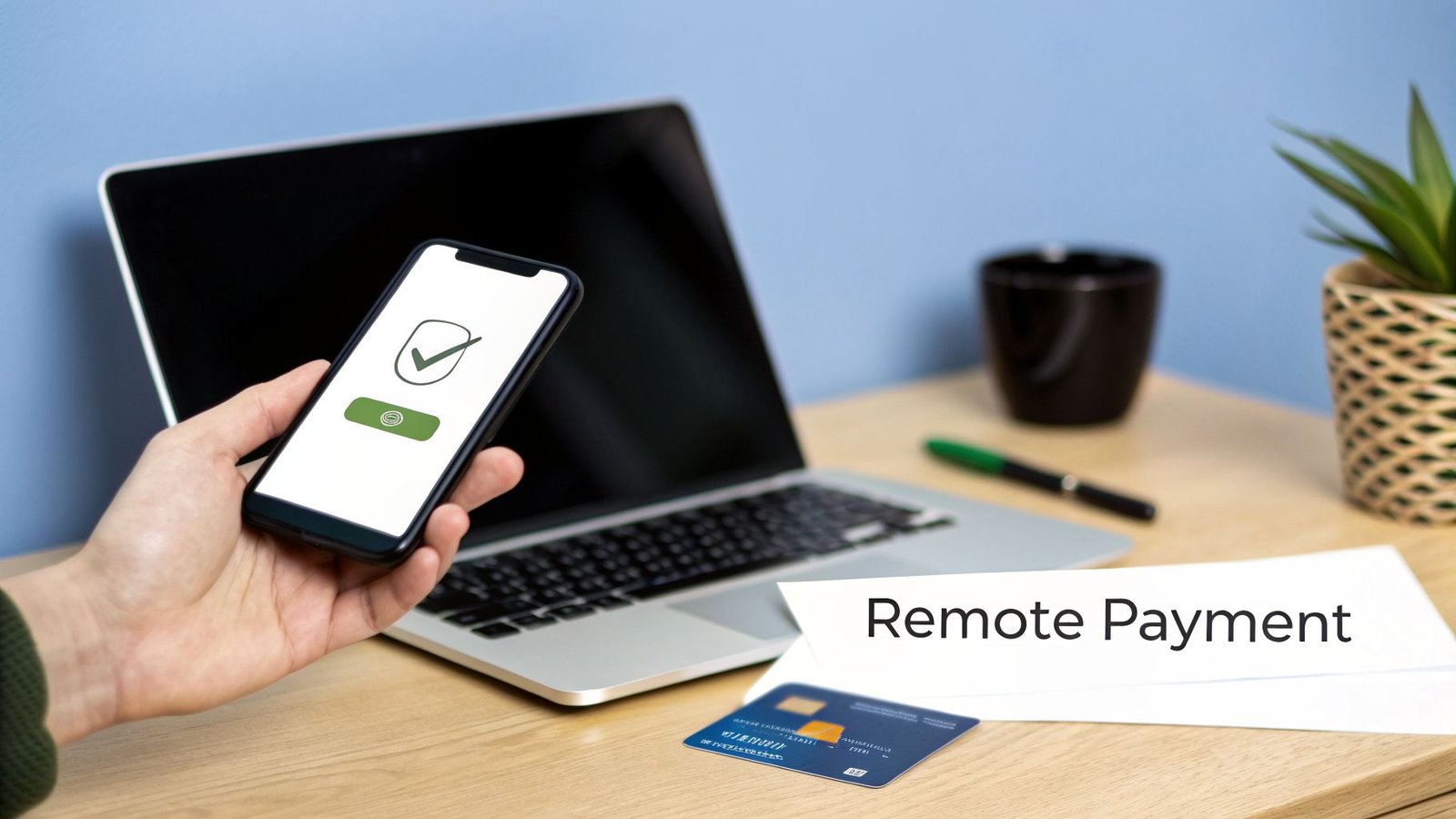 A hand holds a smartphone showing a successful payment confirmation with a laptop and credit card on a wooden desk.