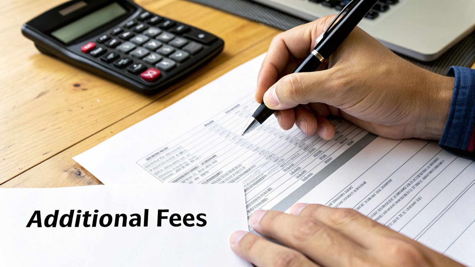 A person's hand holds a pen, writing on financial documents with a calculator on a wooden desk.