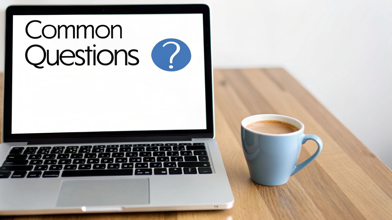 A laptop displaying 'Common Questions' and a question mark icon, next to a blue coffee mug on a wooden desk.