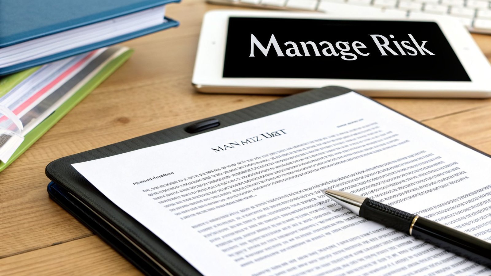 An office desk features a tablet displaying 'Manage Risk' alongside a document, pen, and binders.