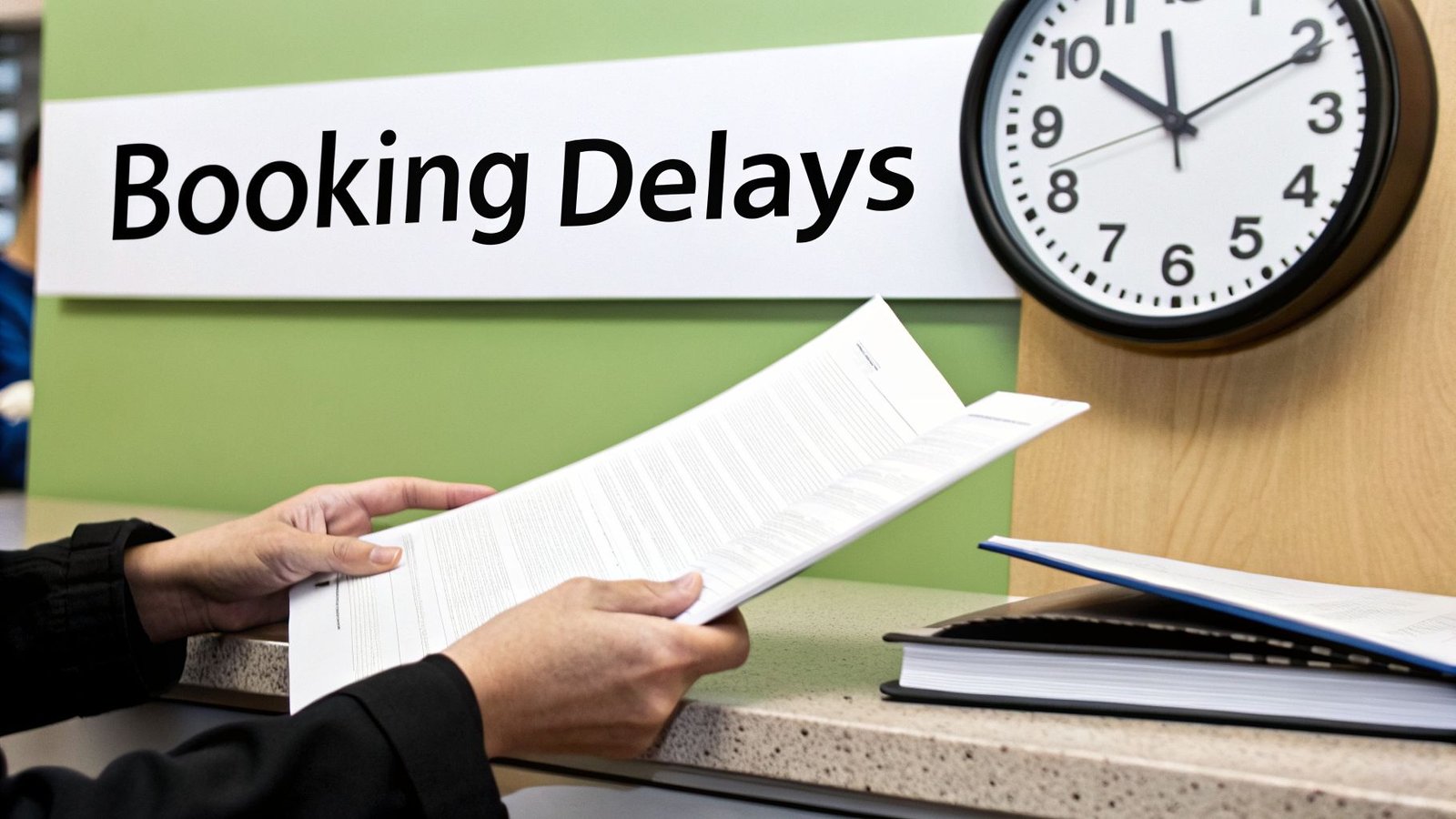 Hands holding documents in front of a 'Booking Delays' sign and a wall clock.