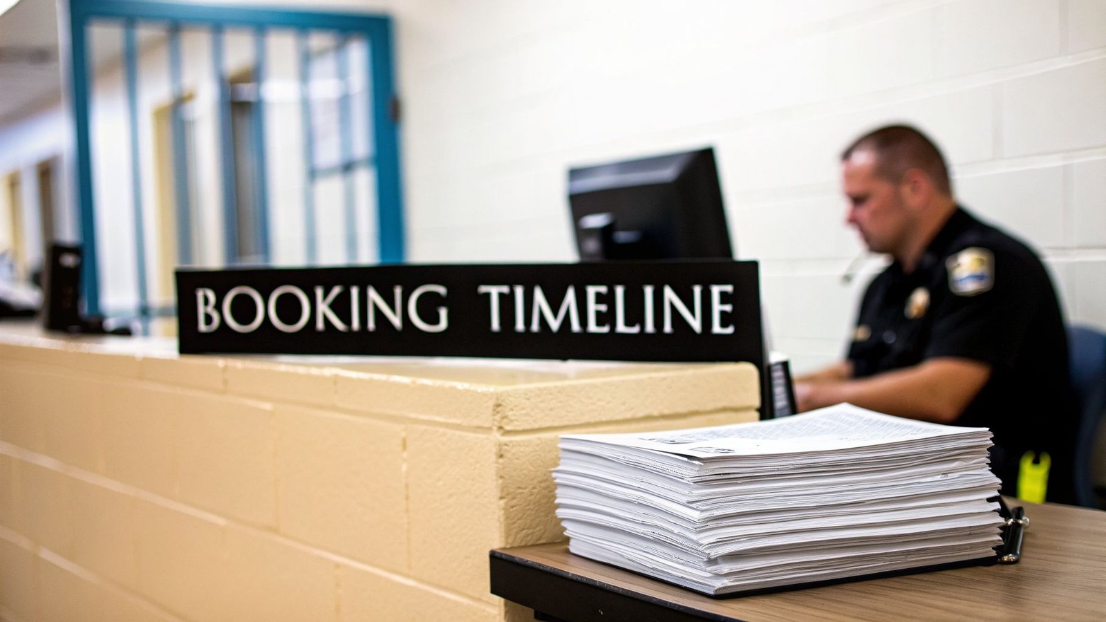 A 'BOOKING TIMELINE' sign on a counter with a stack of papers and an officer working.