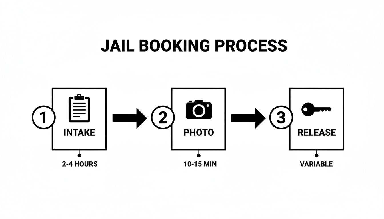 Flowchart showing the jail booking process: intake (2-4 hours), photo (10-15 min), and release (variable).
