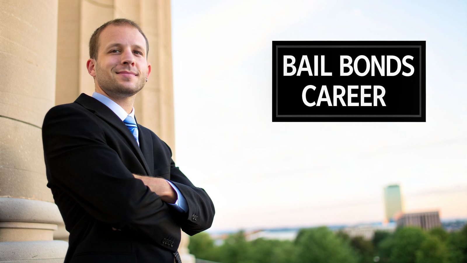 Smiling man in a suit with crossed arms, next to a column, with a 'BAIL BONDS CAREER' sign.