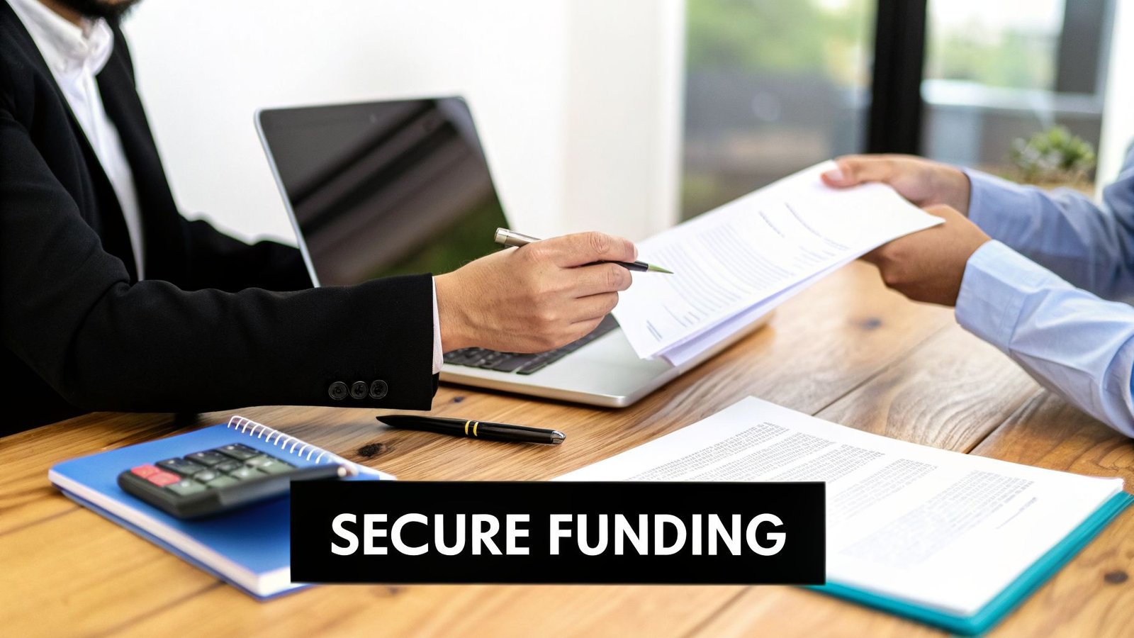 Two professionals reviewing documents and discussing terms during a business meeting in an office.