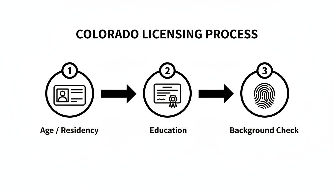 A diagram showing the Colorado licensing process with three steps: Age/Residency, Education, and Background Check.