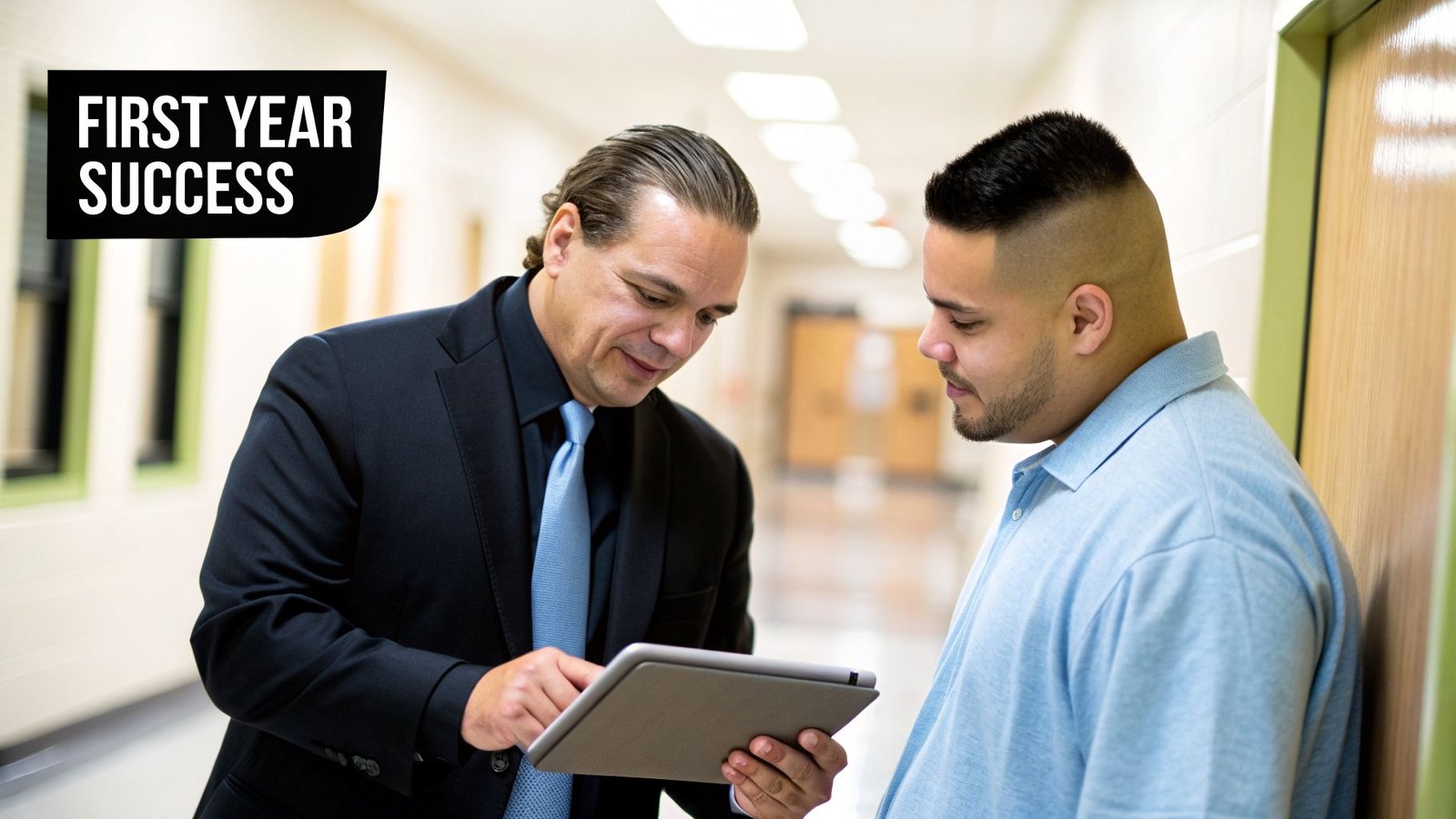 Two men discuss content on a tablet in a hallway, with 'FIRST YEAR SUCCESS' text overlay.