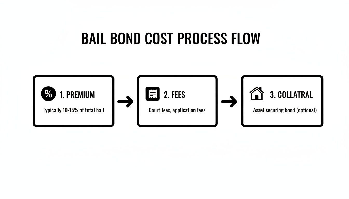 Flowchart outlining the three-step bail bond cost process: premium, fees, and collateral.